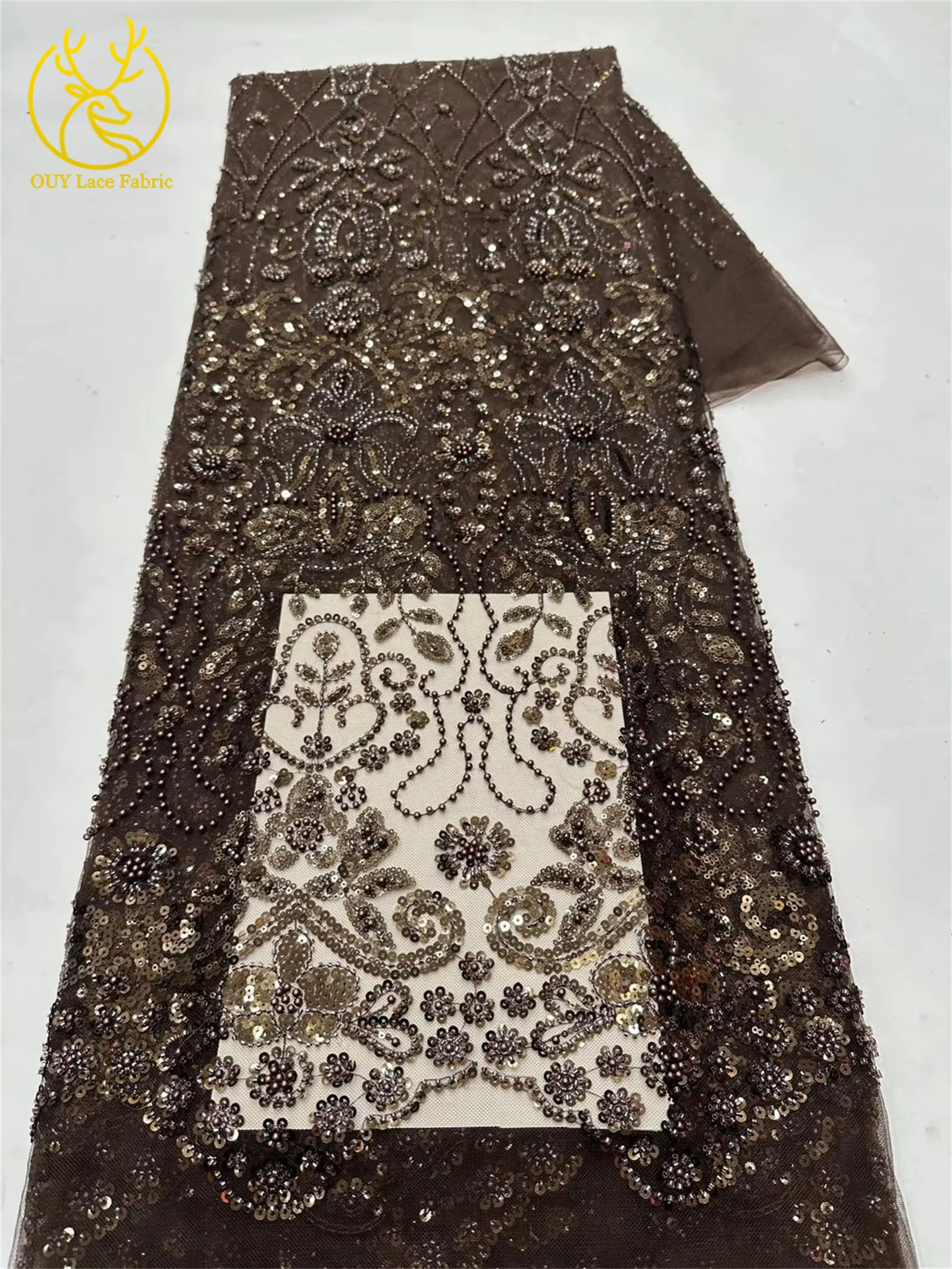 5 Yards meistverkaufter afrikanischer Pailletten-Spitzenstoff, hochwertige Mode, nigerianischer Perlen-Tüll-Spitzenstoff, Nähen von Partykleidern – Detail 20