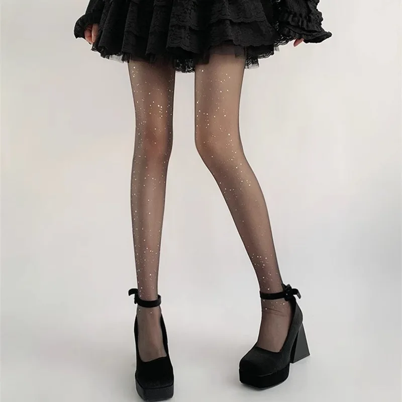 Summer Ultra-Thin Sheer Silver Shiny Dot Women's Tights Anti-Snagging Hot Stamping Stars Hottie Sexy Pantyhose Hosiery