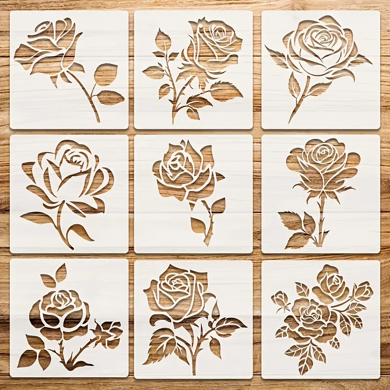 9PCS 5.12x5.12 inch Rose Stencil Set for DIY Painting, Reusable PET Floral Templates for Scrapbooking, Card Making and Valentine