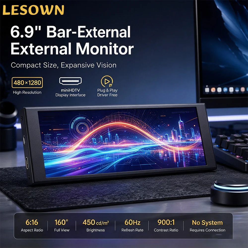 LESOWN 6.9 7.9 8.8 11.3 Inch Stretched IPS Display 400x1280 500Nits Mini HDTV Driver Free PC Sub Screen for Raspberry Pi Mini PC