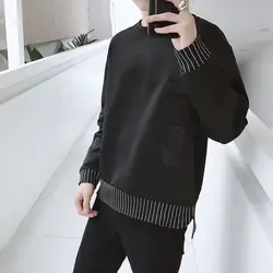 Men Korean Fashion Striped Patchwork Irregular Sweatshirts Student Round Neck Pocket Long Sleeve Loose Pullover Tops Ropa Hombre