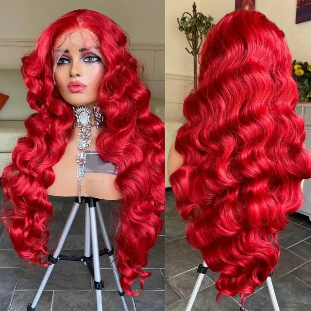 

Bright Red Wig Body Wave Lace Front Glueless Wigs 13x4 Hd Transparent Lace Frontal Wigs 180 Density For Women Cosplay Party Use