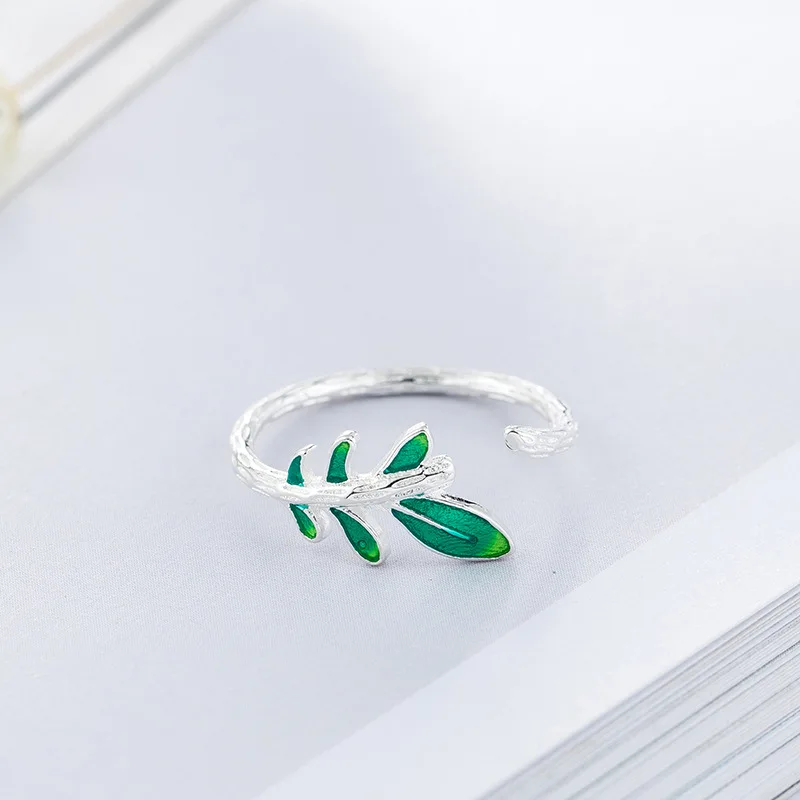 

925 Sterling Silver Green Leaf Adjustable Rings For Women Engagement Luxury Jewelry Accessories Wholesale Jewellery