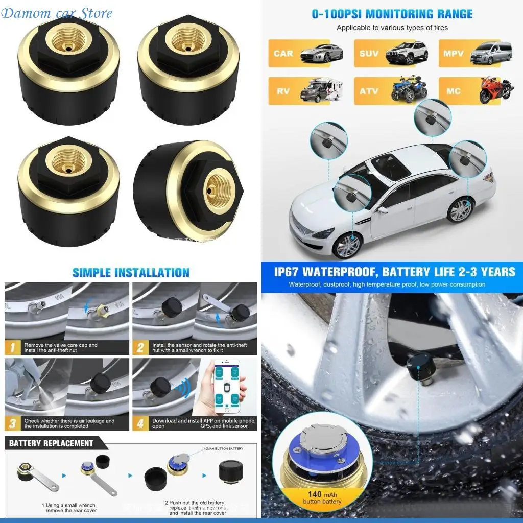 A2UC Tire Pressure Monitoring System ABS & Brass Tire Pressure Simple to Use