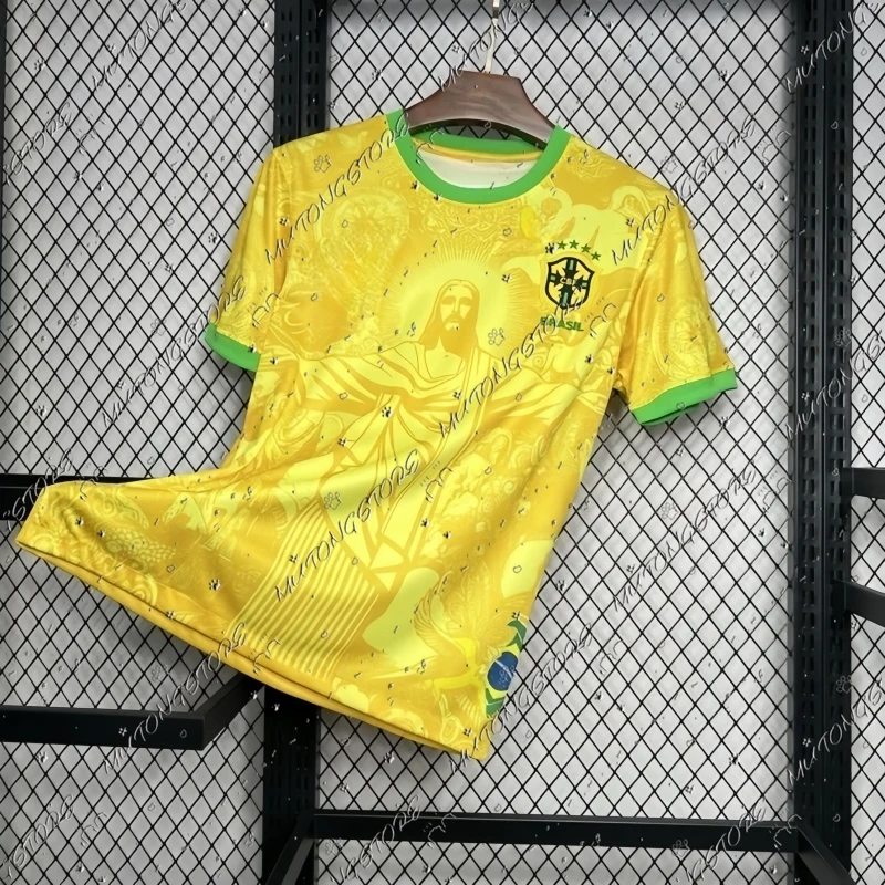 2025 تي شيرت مطبوع جديد رائع للغاية ثلاثية الأبعاد تصميم مطبوع طقم أطفال برازيلي المسيح الأطفال التحف الأصفر