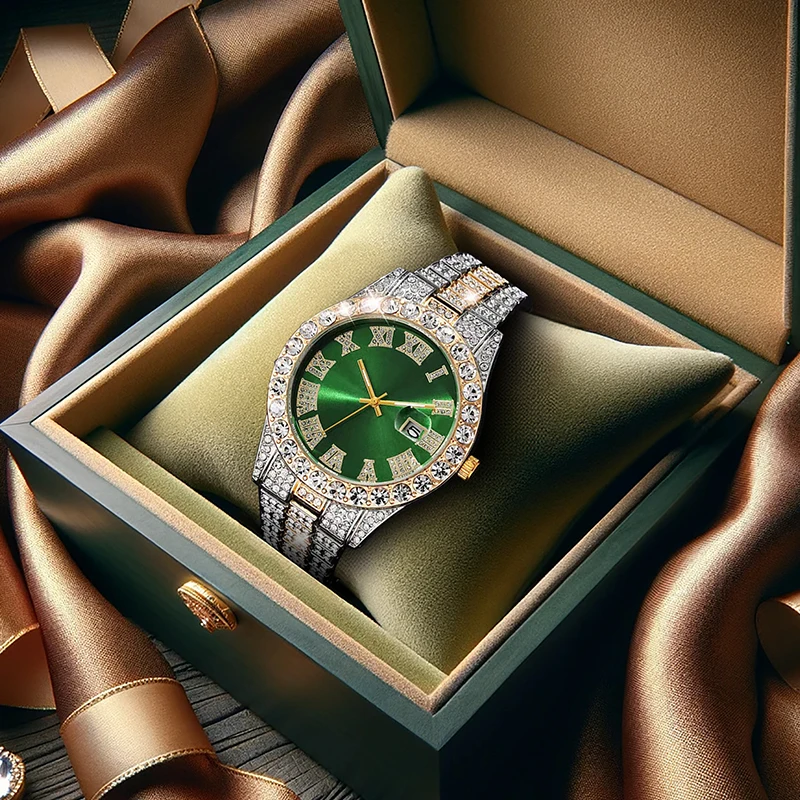A men's casual fashion calendar watch with green dial, crystal accents, two-tone stainless steel bracelet, and quartz movement