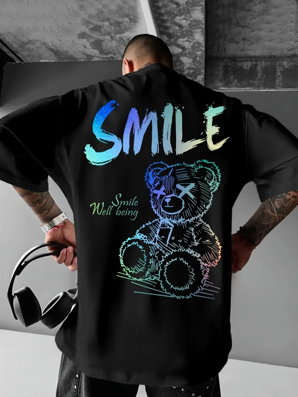 

Trendy men's personalized Teddy bear pattern printed 100% pure cotton comfortable round-neck short-sleeved T-shirt, street top