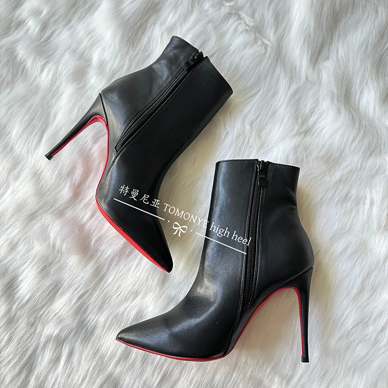 TOMONYE Chic Pointed Toe Short Boot Ankle Booties Black Leather Zip-Up High Heel Footwear Autumn Winter Shoes Big Size On Sale