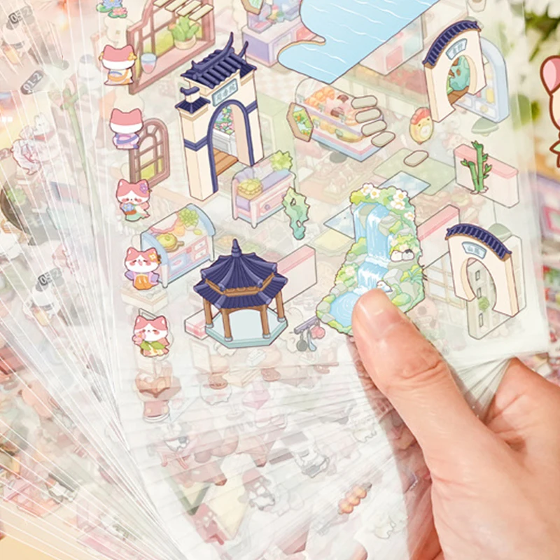 1Set Scenes Cartoon Landscape Sticker Book DIY 3D Stickers Cabin Scene Pocket Stickers Miniature Scene Stickers Birthday Gifts