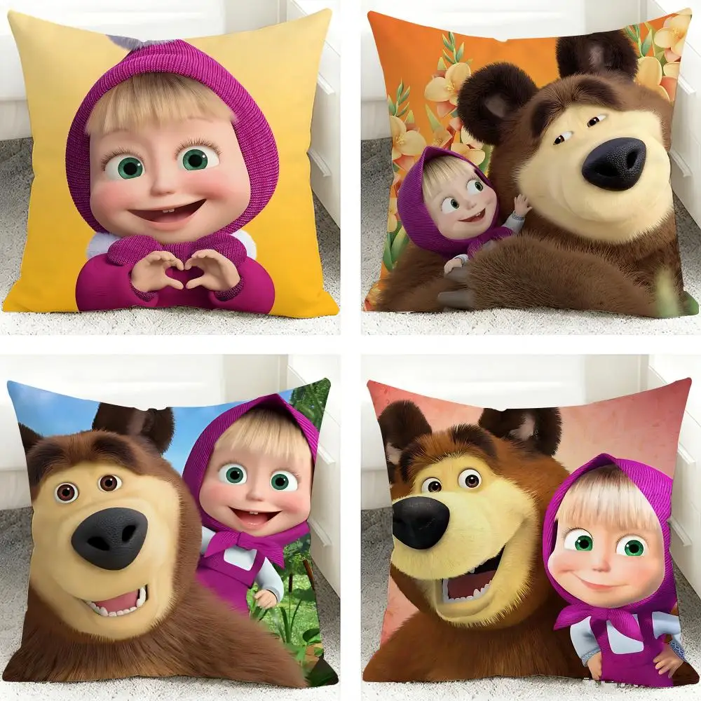 M-Masha And The Bear Cushion Cover 40x40cm Square Decorative Sofa Cushion Cover Bedroom Living Room Home Decor Gift