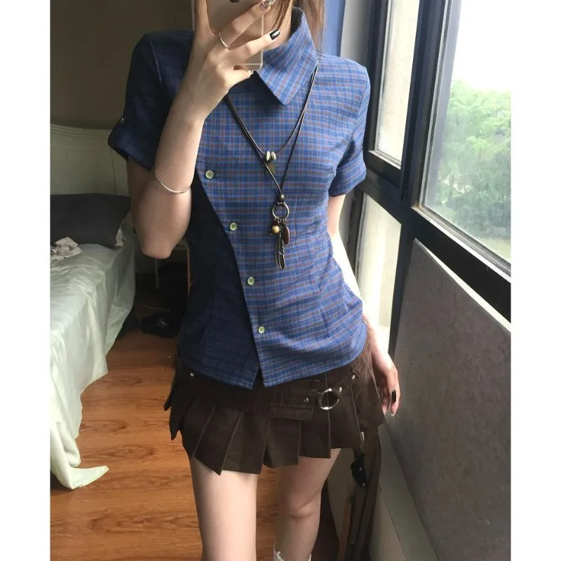 

Sweet Cool All-match Blue Plaid Shirts Women Y2k Retro E-Girl Loose Short Sleeve Blouses 2025 Summer New Lapel Neck Blusas Mujer