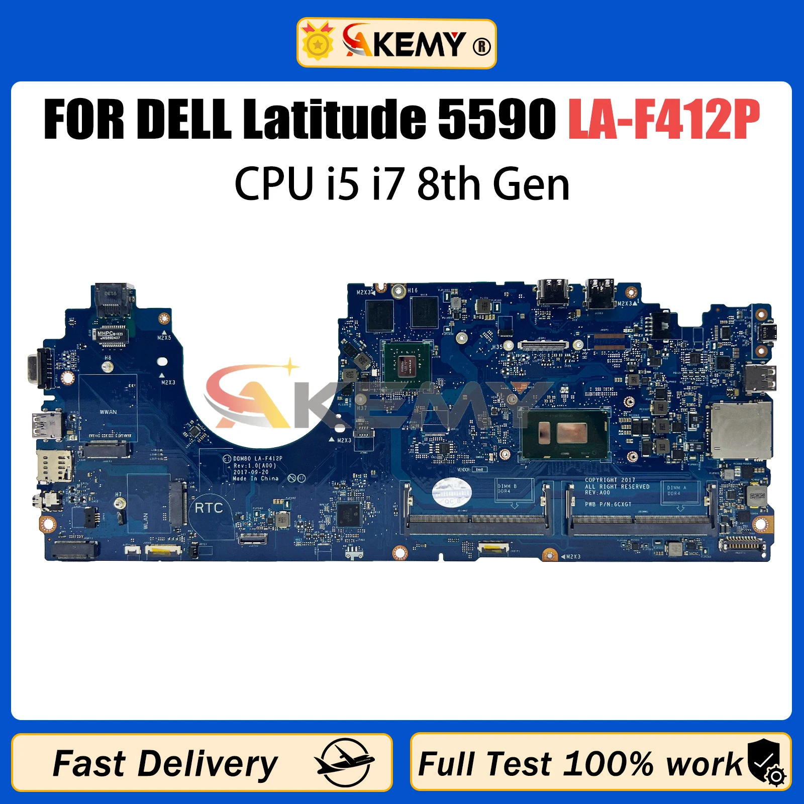 

AKEMY LA-F412P Laptop Motherboard For Dell Latitude 5590 CN-0P50J0 0630XH Mainboard with I5 I7 8th CPU MX130 2G 100% Test OK