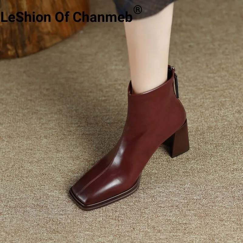 LeShion Of Chanmeb Women Sheepskin Boots Winter Burgundy Square Toe Short Zipper Bootie Woman Thick High Heels Shoes 34-42 Retro