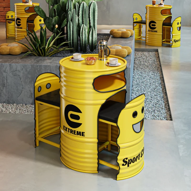 Industrial style milk tea shop table and chair combination cafe clear bar bar wrought iron creative personality oil drum seat
