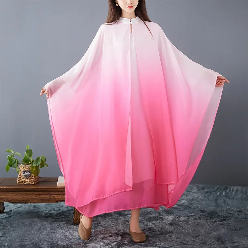 

New Stand-up Collar Chinese Style Dress Gradually Change Color Zen Tea Clothes Meditation Layman Performance Clothes