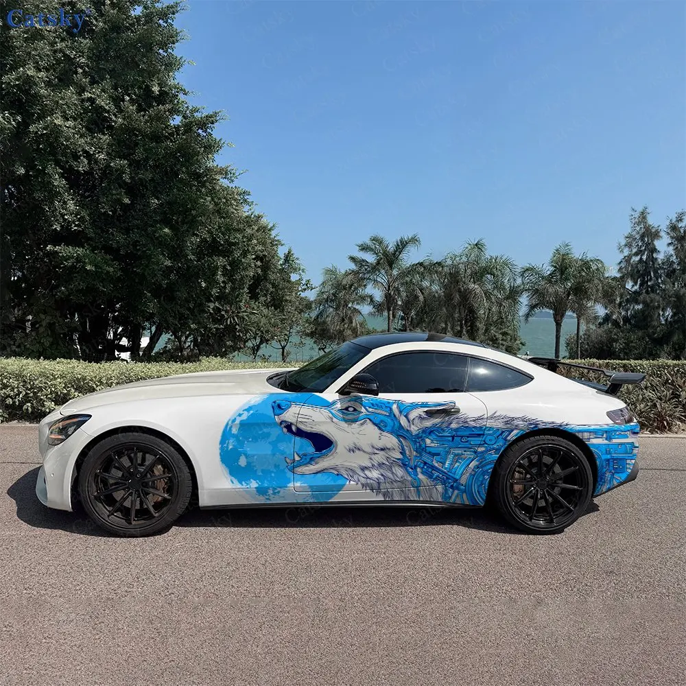 2pcs Blue Mechanical Battle Wolf Car Side Wraps, Self-Adhesive PVC Waterproof & Scratch-Resistant Stickers, Car Accessory Gift