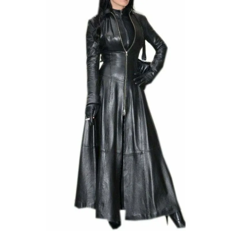 

Women's Black Leather Trench Coat Punk Gothic Long Coat European and American Fashion Trend