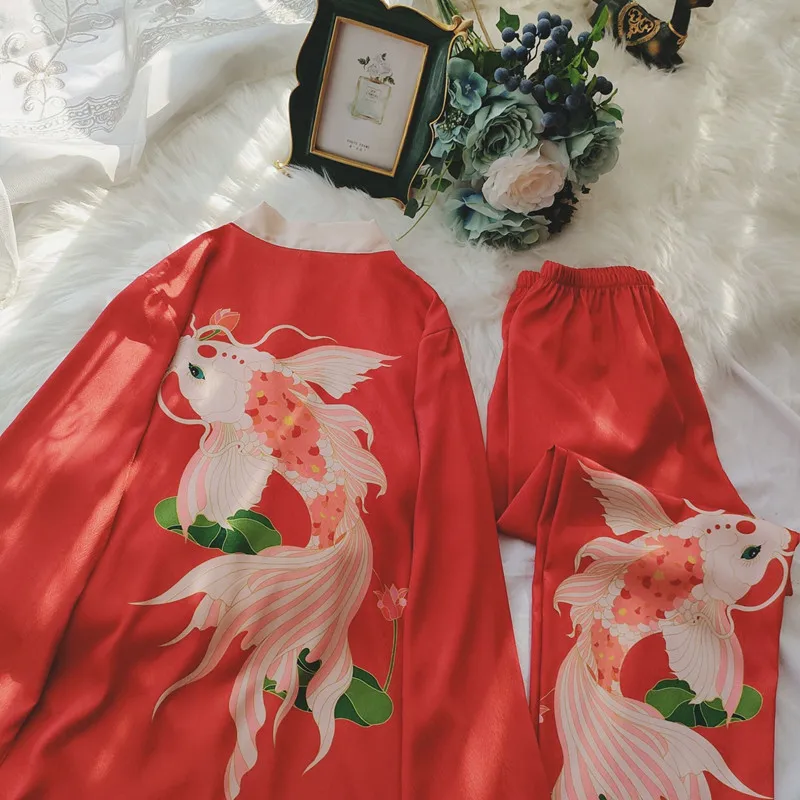 Red Koi Carp Home Clothes Wedding Bride Sleepwear 2Pcs Loungewear Long Sleeve Pyjamas Suit Animal Year Gift Casual Nightwear