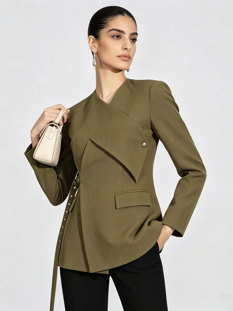 No Hood Belt Mid Length Commuter Chic with Casual Regular Sleeve Dark Button Closure Casual Work Jacket Women Autumn Jacket