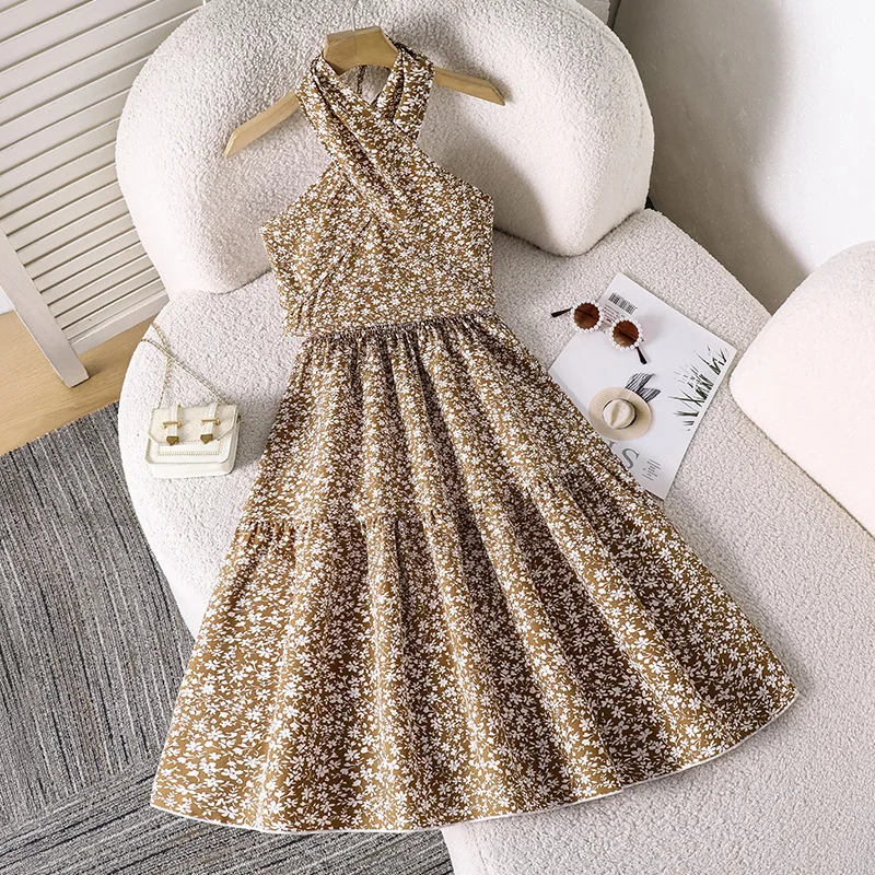 Girl's Outfit Spring and Summer New Style Cross Hanging Neck Floral Sleeveless Top and Skirt Set