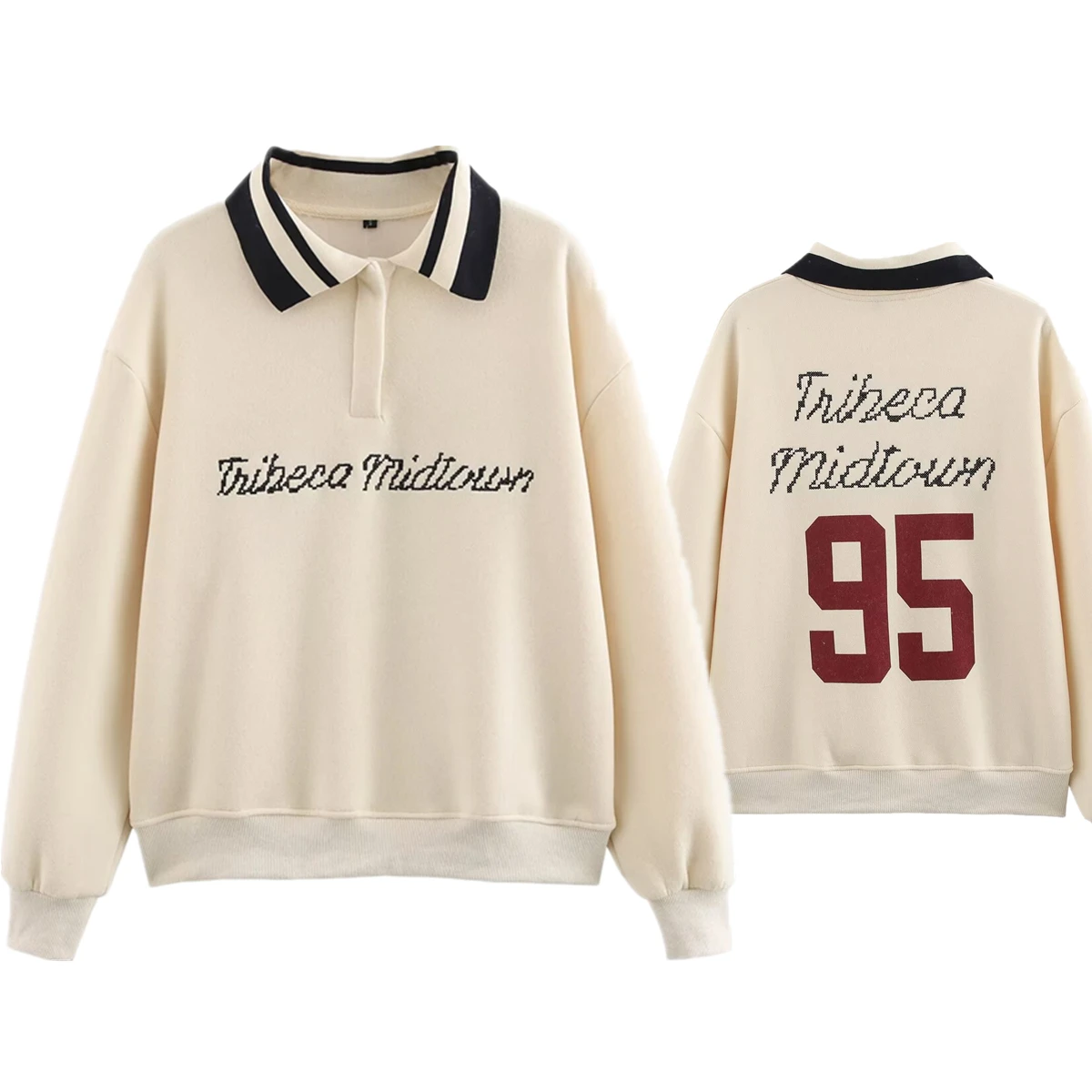 

Withered American Retro Letter Embroidery Contrasting Color Polo Collar Pullover Loose Sweatshirt Women Tops Plush