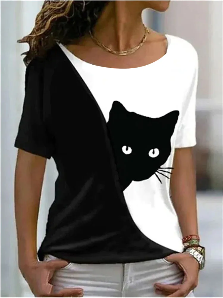 

2024 Summer Women's Cat Theme Printed Painting Tee Shirts O-Neck Casual Female Tops Daily Pullover New T Shirt Design Streetwear