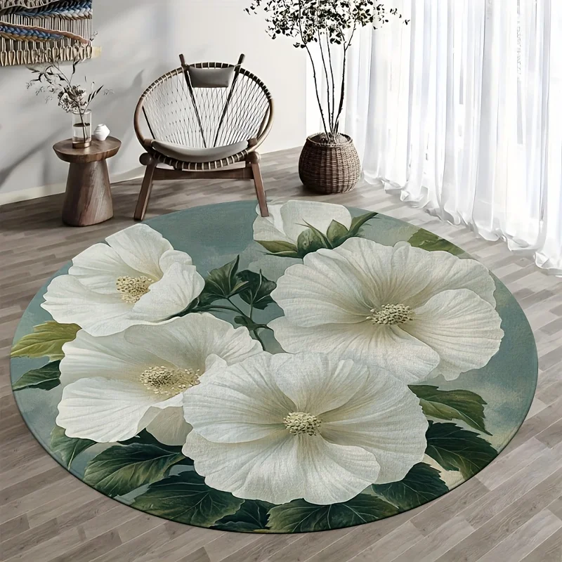Soft Teal Background White Big Flower Circular Area Rug  Botanical Plant Print Round Mat Anti Slip Living Room Indoor Doormat
