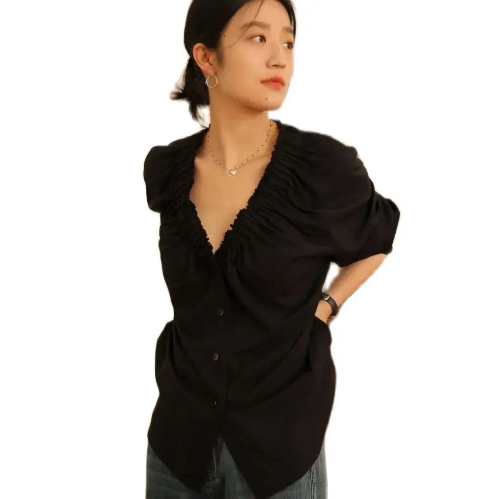 Long Sleeve Vintage V Neck Elegant Shirt Women Casual Loose Korean High Quality Blouse Spring All Match Retro Simple Tops