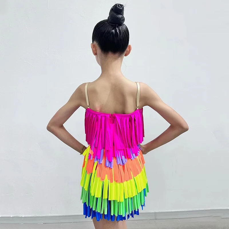 Colorful Fringe Latin Dance Dress Girls Cha Cha Rumba Samba Performance Costume Kids Practice Clothes Competition Dress DNV20620