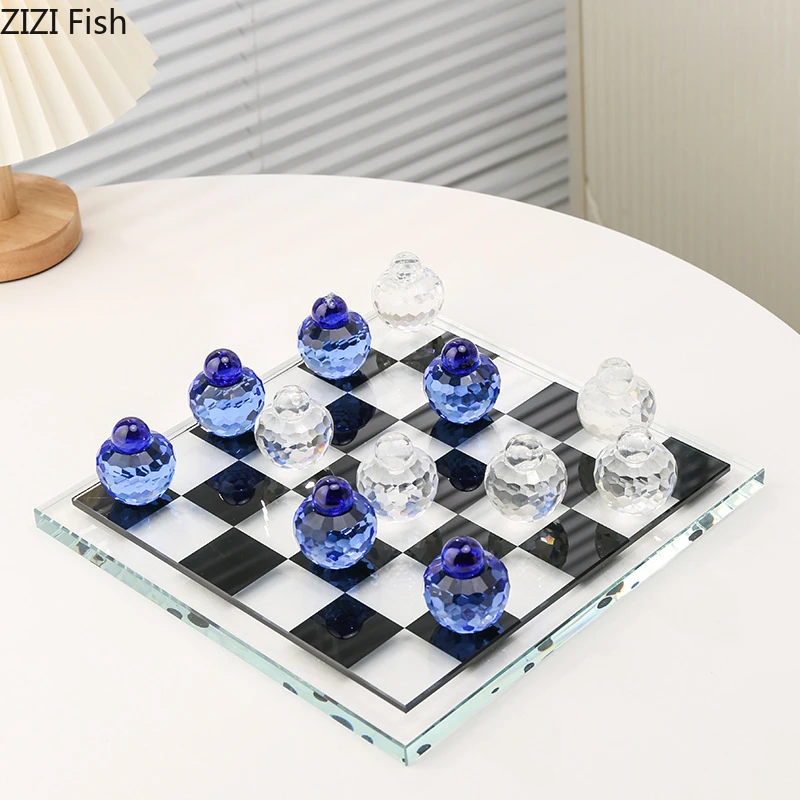 Crystal Glass Nine Grid International Chessboard Sculpture Ornament Desktop Display Statue Model Accessories  Decoration Crafts