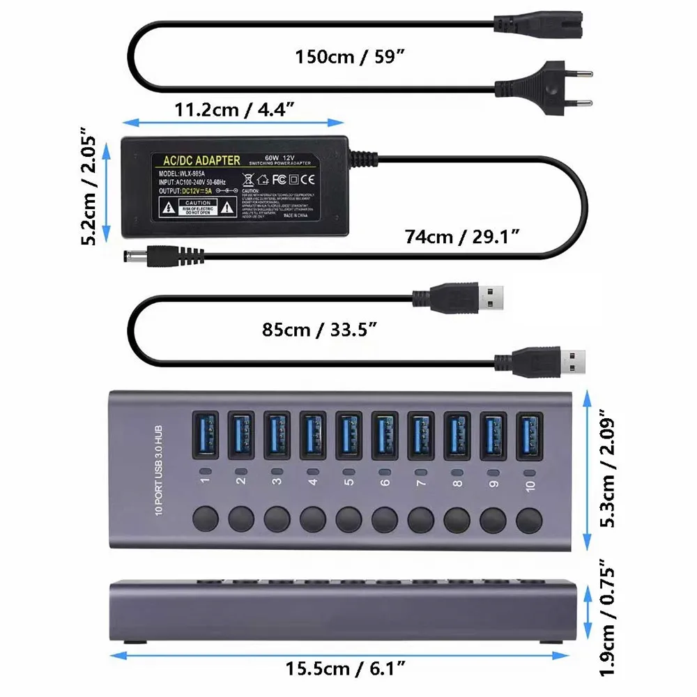 10 Ports USB 3.0 Hub A Aluminum Concentrator Multi Splitter PD Charger Power Adapter Multiple Expander Hubs With Switch