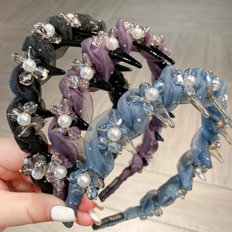 Handmade Fresh Sweet Crystal Pearl Mesh Hairbands Hair Clip for Women Face Wash and Makeup Headband Press Hair Hairpin Headwear