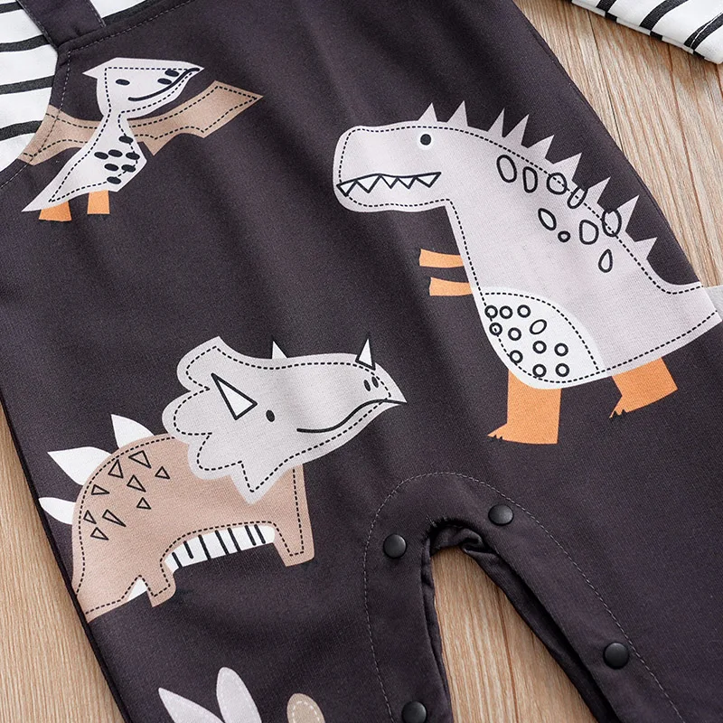 Spring And Autumn Boys And Girls Cute Cartoon Dinosaur Print False Strap Long Sleeve Baby Bodysuit