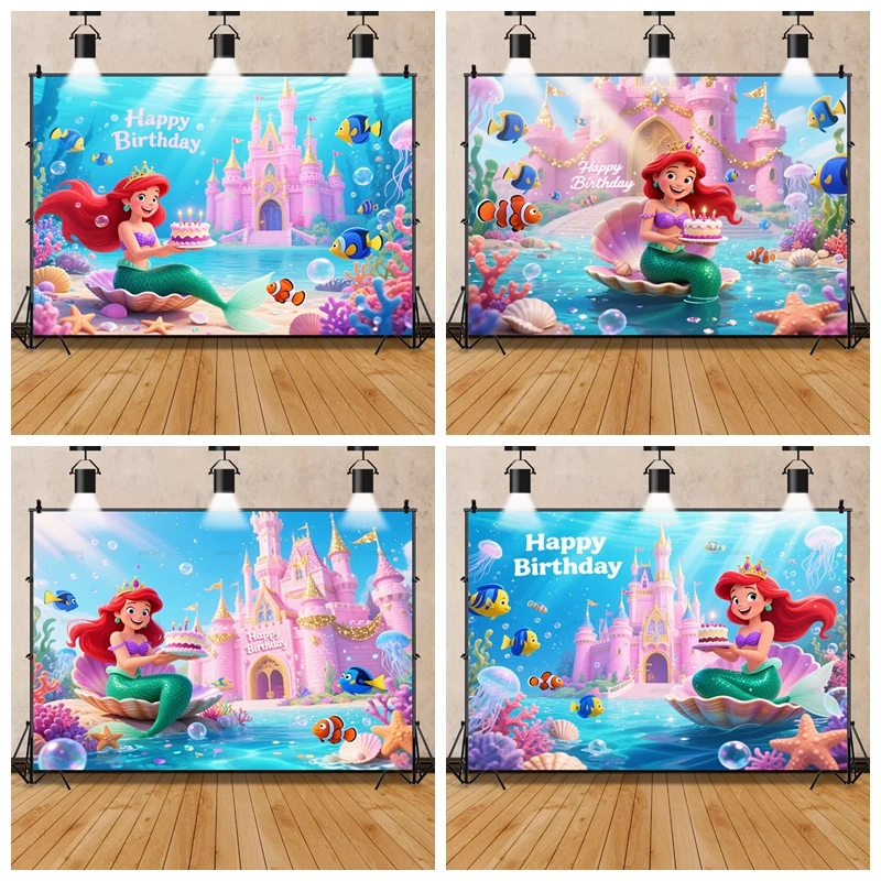 

Disney Mermaid Girl's Princess Birthday Party Backdrop Room Decoration Baby Shower Background Photography Studio Banner Props