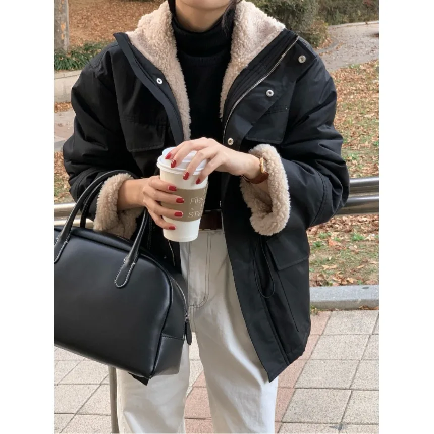 

Retro Workwear Sle Lamb Fur Lined Casual Jaet Dstring Waist Outdoor Travel Street Sle Women's Korean Faion Spring ...