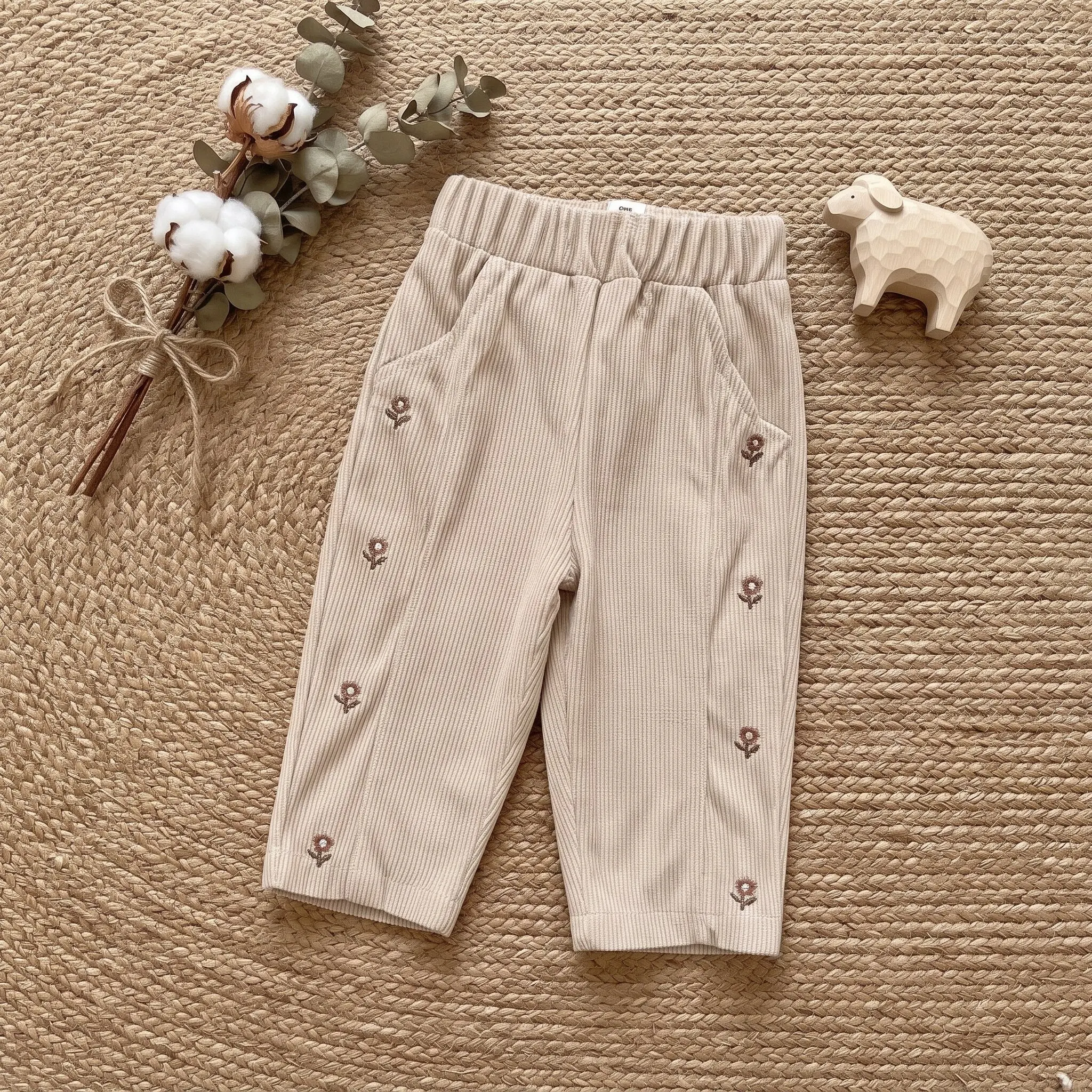 Baby Girl Ribbed Straight Pants Khaki Small Floral Embroidery Elastic Waist Pocket Trousers Toddler Girls Spring Casual Pants