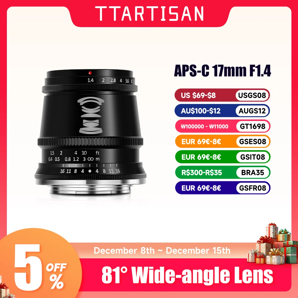 TTArtisan 17mm F1.4 Wide Angle Camera Lens for Sony E Mount Fujifilm XT3 XA7 XE Canon M Leica L Nikon Z Panasonic Olympus M43