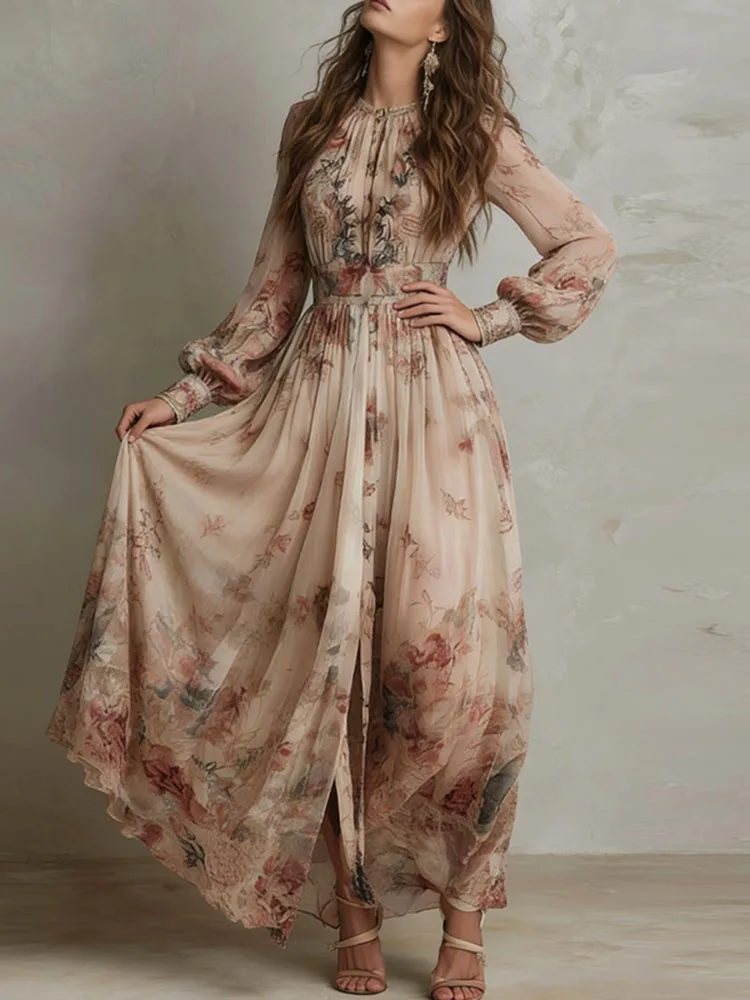 Vintage bloemenprint hoge taille geplooide lange jurk dames elegante O-hals slanke feestjurk lente lange mouw boho vakantiejurk - afbeelding 2