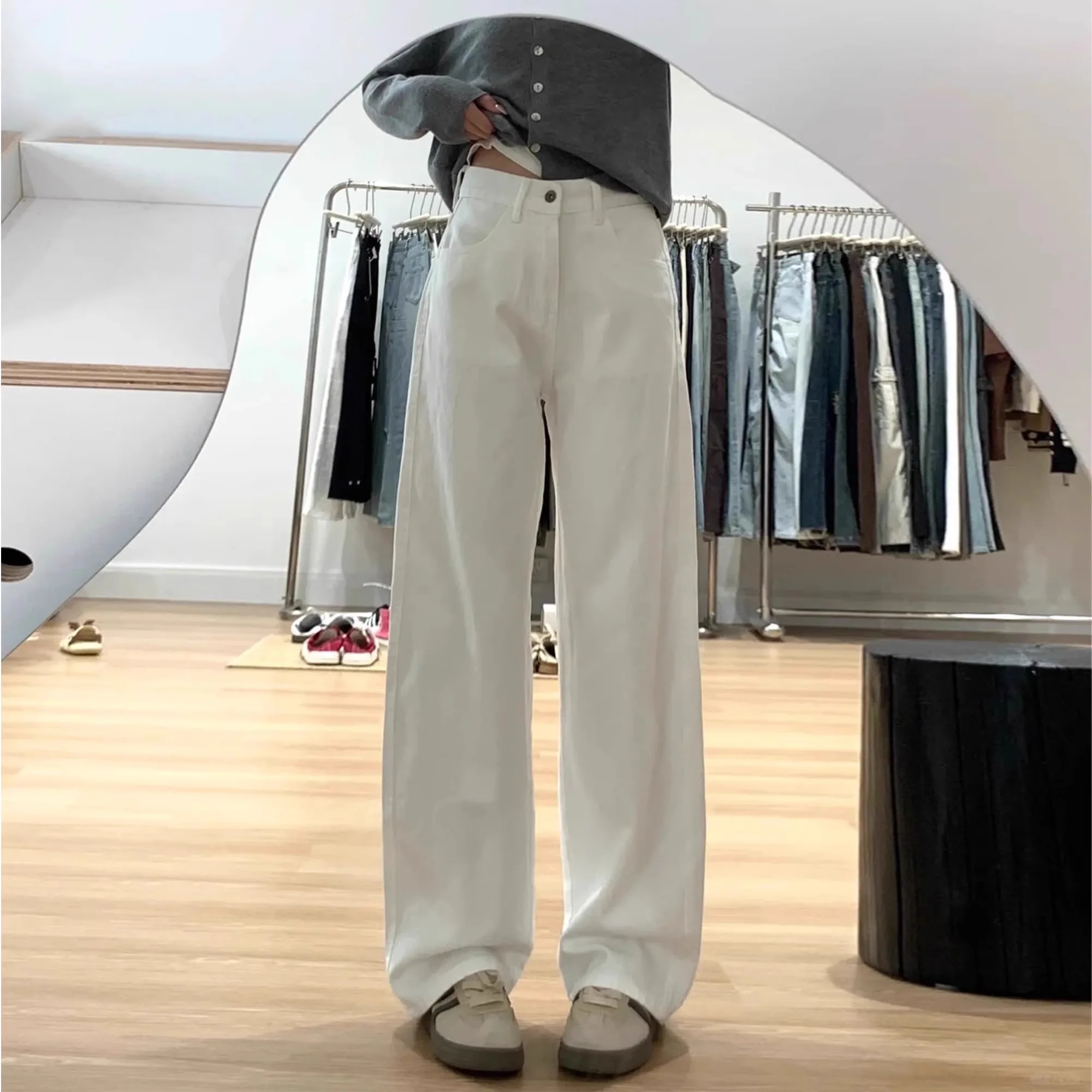 Spring New High Waist Straight Leg Denim Jeans Women Loose Slimming High-End Drapey Floor-Length Wide Leg Pants Washed Cotton...