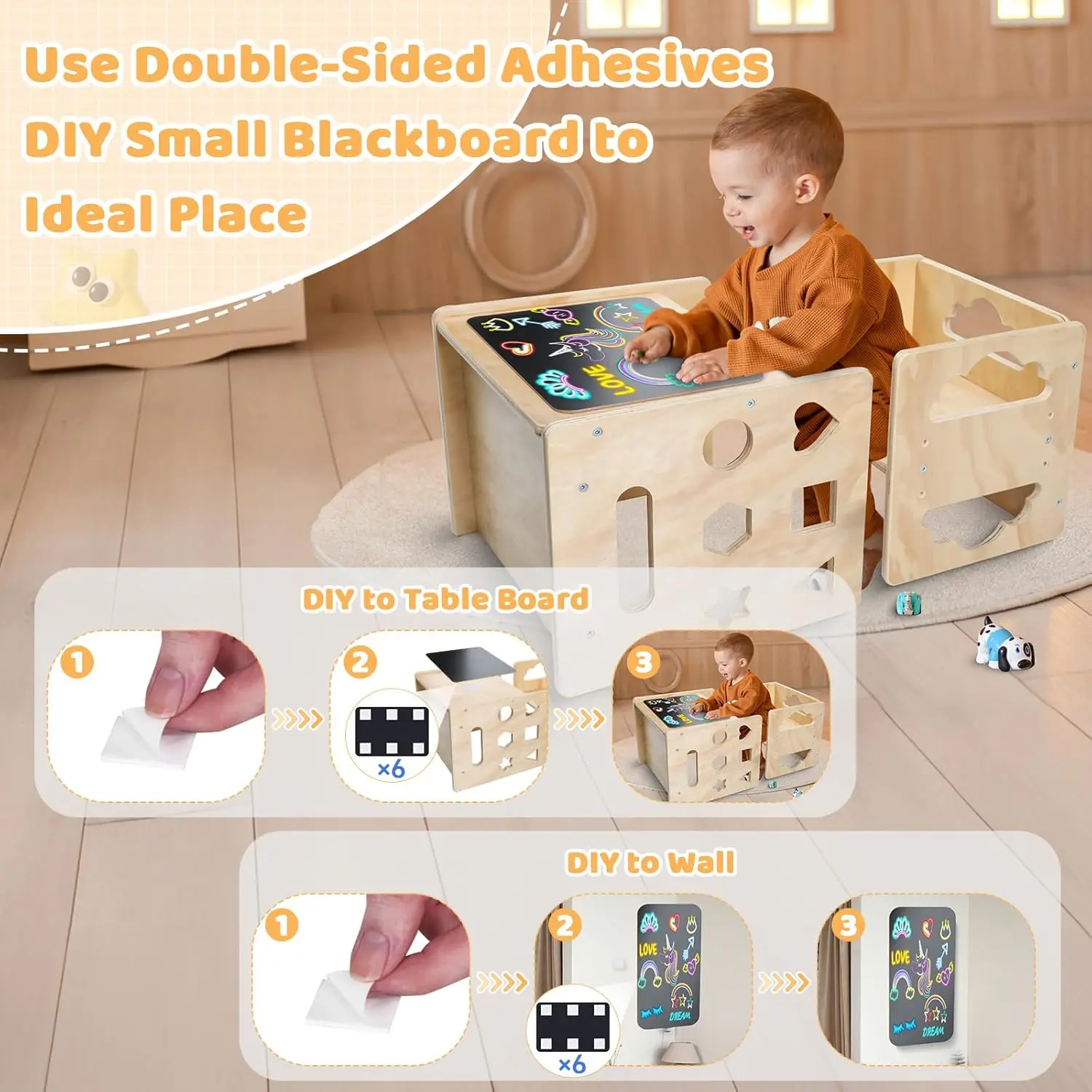 طقم طاولة وكرسي الفطام من مونتيسوري، طقم طاولة وكرسي خشبي للأطفال الصغار، طاولة وكراسي للأطفال بعمر 1-3 سنوات مع سبورة سوداء #2