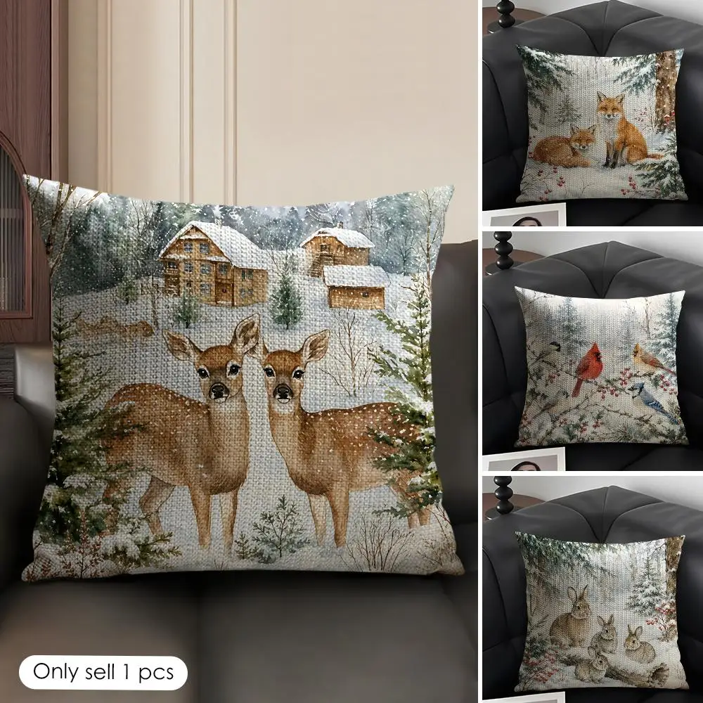 Winter Forest Watercolor Scenes Cushion Cover Natural Linen Fabric Double-Sided Printing Breathable Perfect Gift For Decor