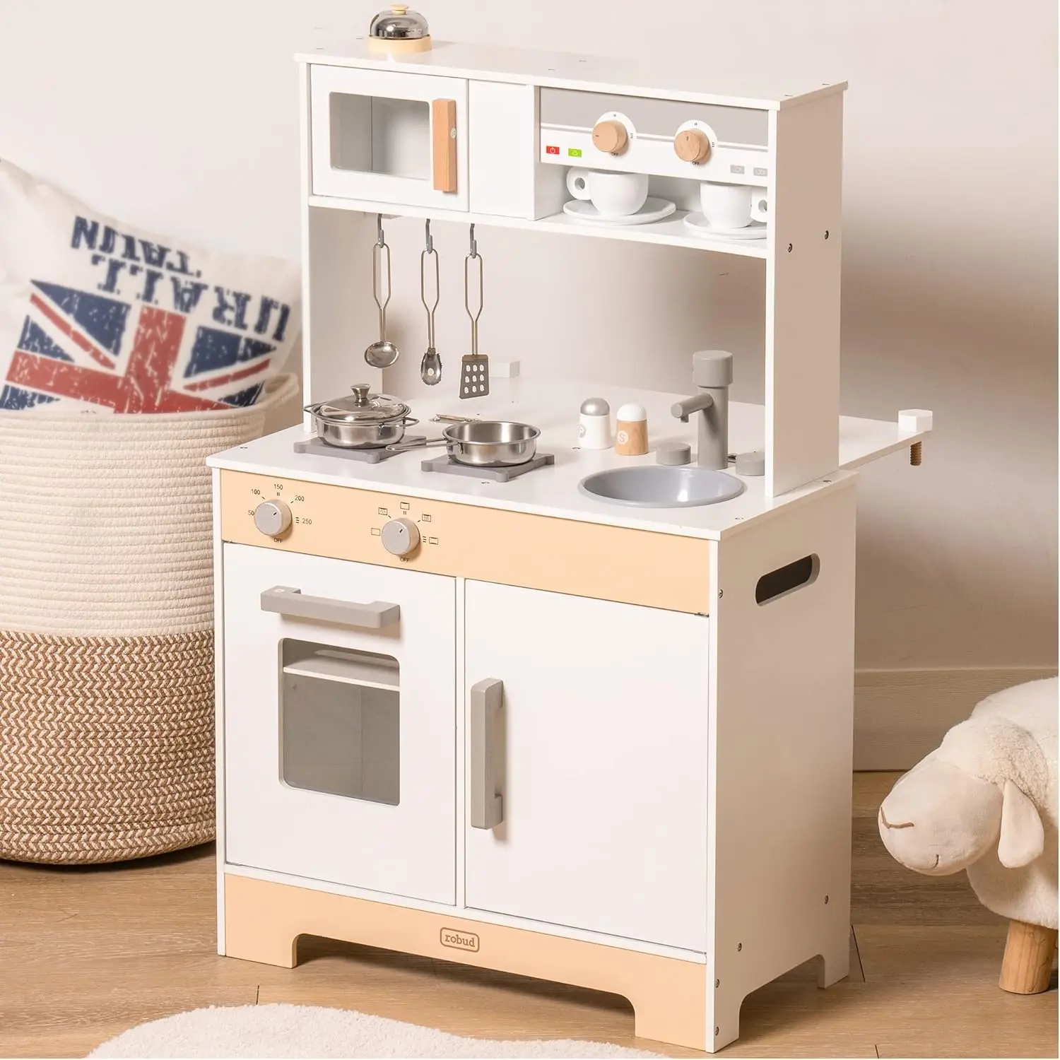 Juego de cocina 2 en 1 para niños, juego de cocina de Chef de madera con sonidos, utensilios de cocina, juego de accesorios para niños y niñas