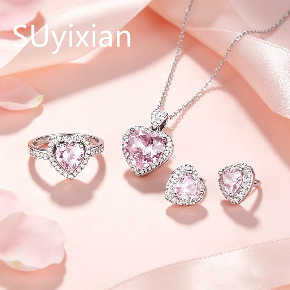 925 Sterling Silver Stylish Elegant Heart Pink Zircon Necklace Earrings Ring Set Birthday Anniversary Gift Ladies Jewelry