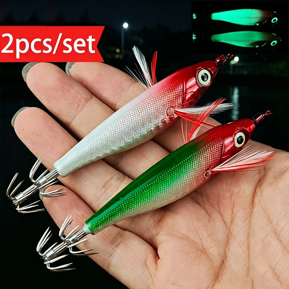 2pcs/set 10cm/3.94in Shrimp Fishing Lures Luminous Squid Jig Hook Shrimp Prawn Lure Night Fishing Accessories 9g