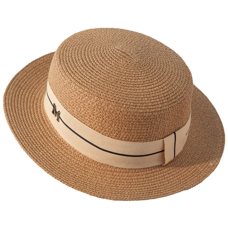 Summer New French Flat Top Straw Hat Summer Beach Hat Big Eaves Sunshade Grass Knitted Hat Retro Gift Hatted Girl