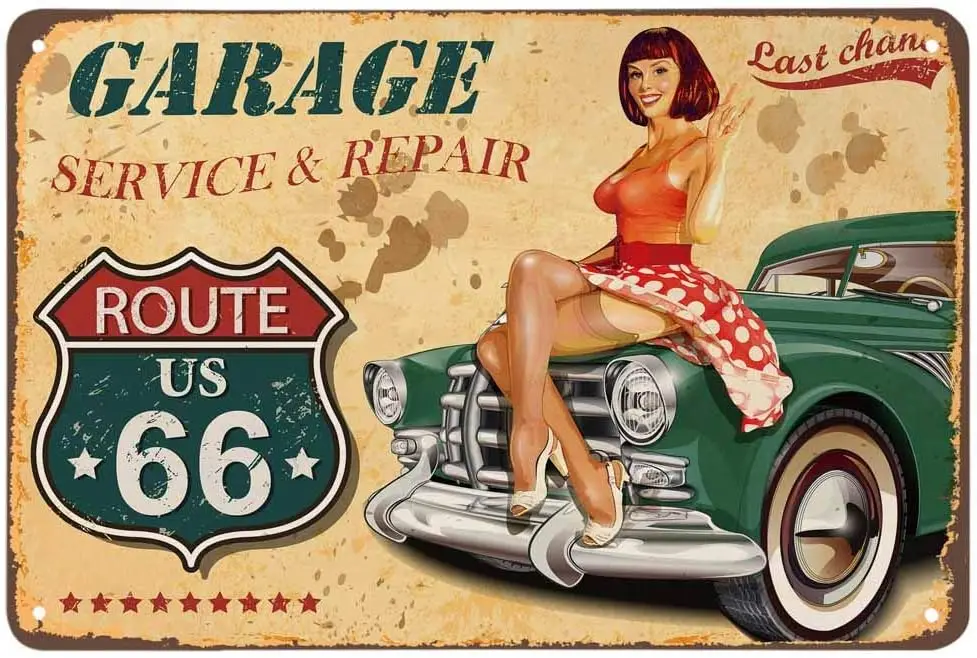 AOYEGO Pin-Up Blechschild, Route 66 Garage Service Repairs Frauen sitzen auf dem grünen Auto Vintage Metallschilder für Cafés Bars Pubs Shops W