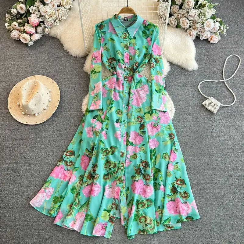 

Long Dress Women Dresses Print Floral A Line Vestidos Turn Down Collar Full Sleeve Elegant Splice Y2k Streetwear High Waist