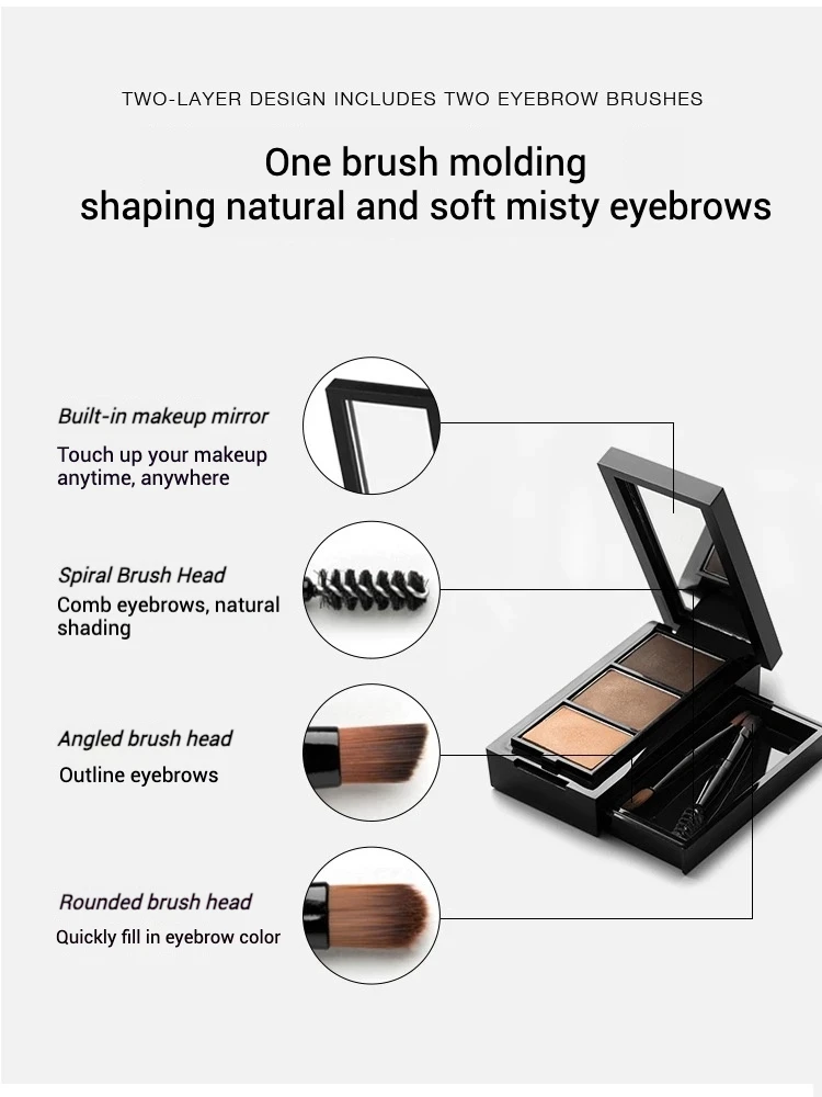 UNNY Tricolor Augenbrauen-Puderplatte ist natürlich und langlebig, nicht leicht zu entfärben, wasserfester und schweißbeständiger Lidschatten