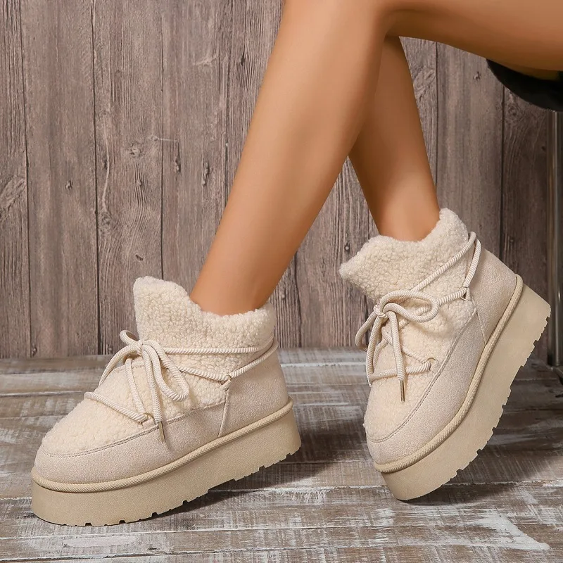 Winter New Thick Snow Boots Women\'s Round Head Sleeve Splicing Suede Front Strap Anti-slip Wear-resistant Short Boots