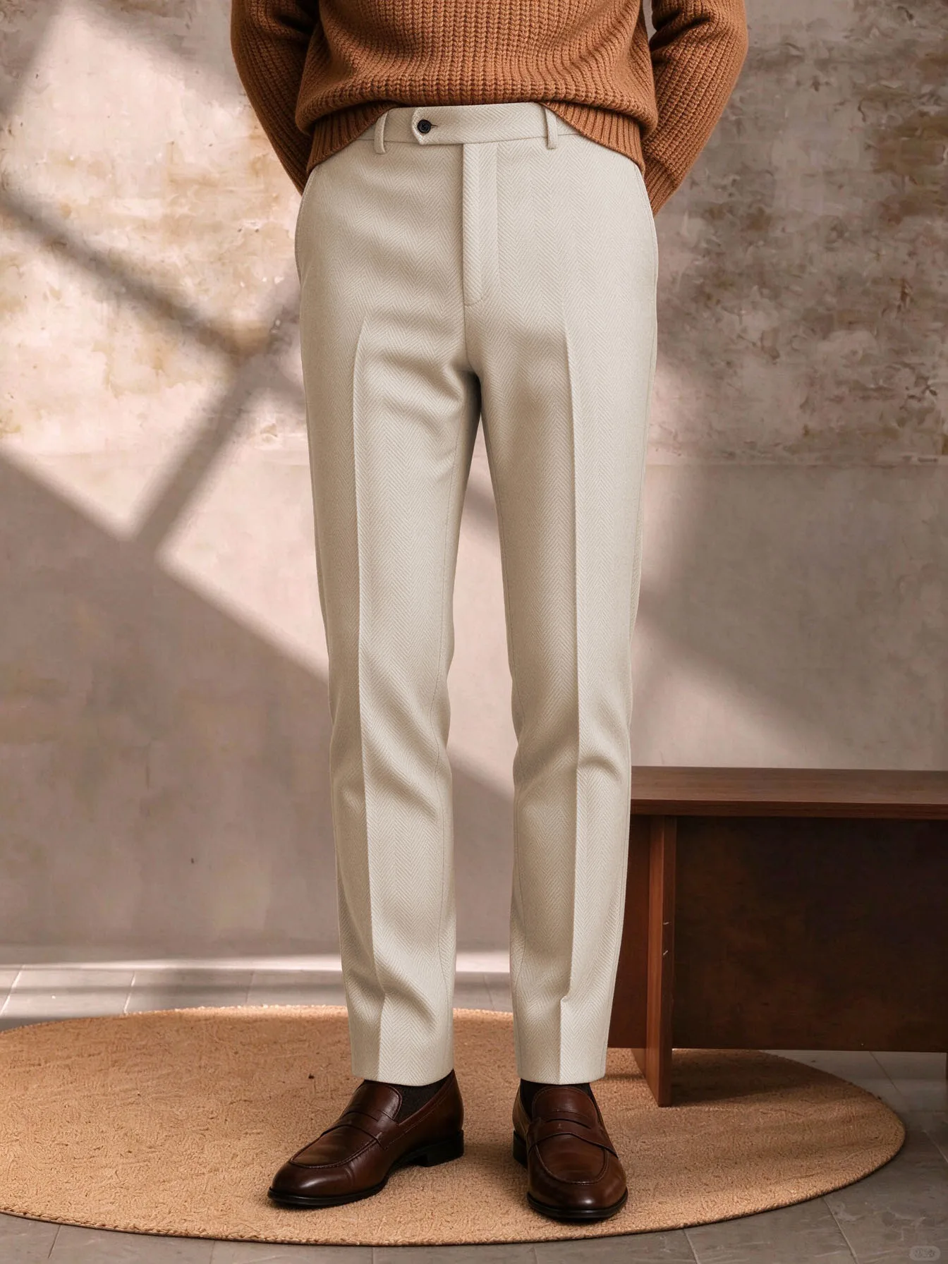 Men's Herringbone Wool Blend Dress Pants Straight Leg Tweed Trousers Vintage Old Money Business Casual Thick Winter Suit Pants